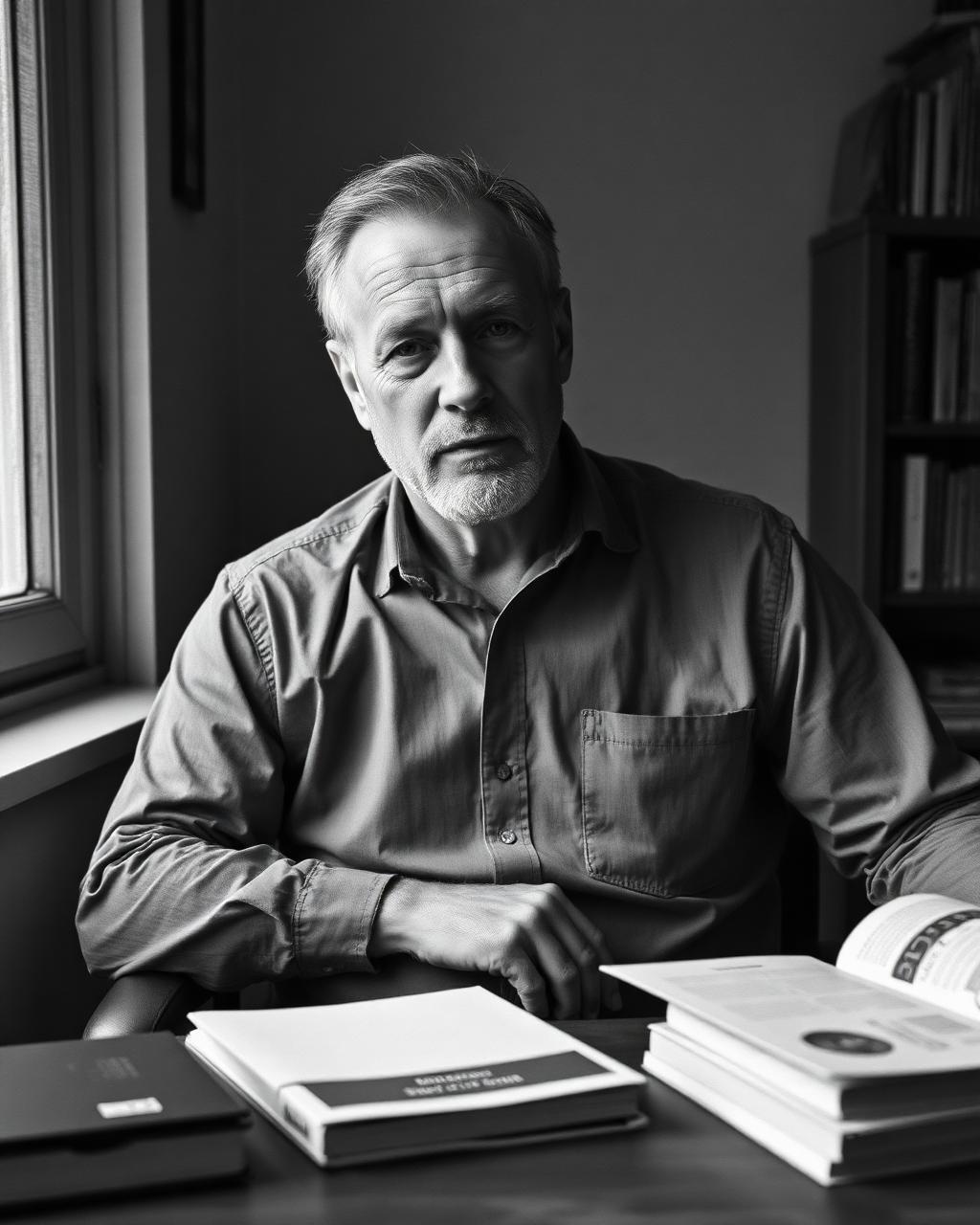 Portrait of the author seated at a desk surrounded by books