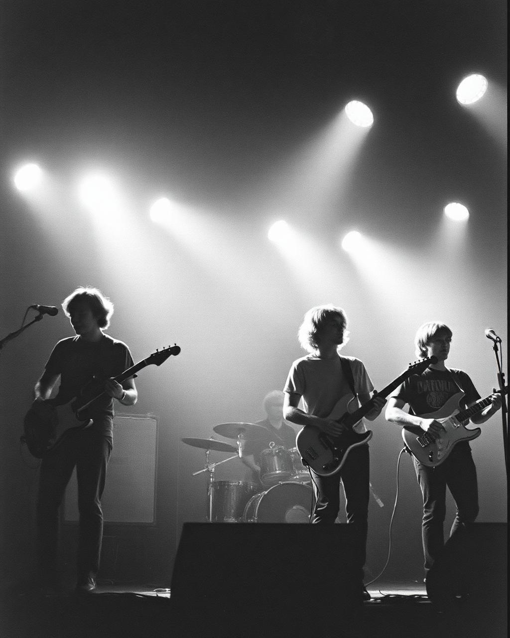 Goodbye Mr Mackenzie performing live, four members silhouetted against stage lights