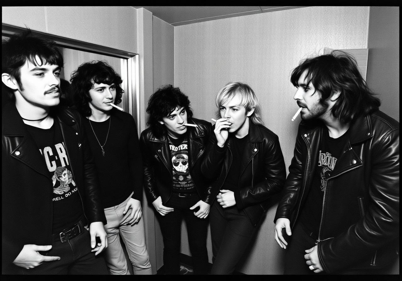 The band photographed candidly backstage in a small dressing room