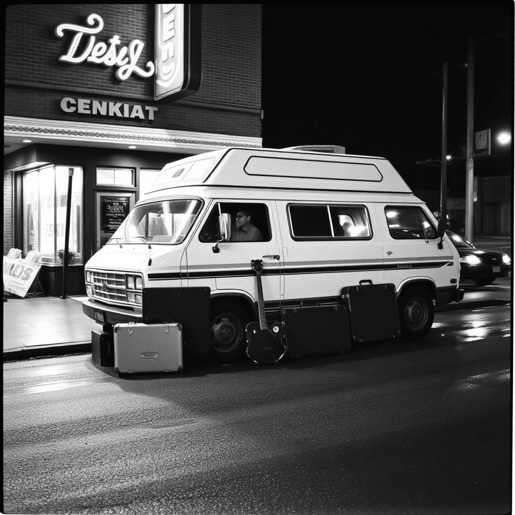 The band's tour van and gear cases parked outside a venue at night