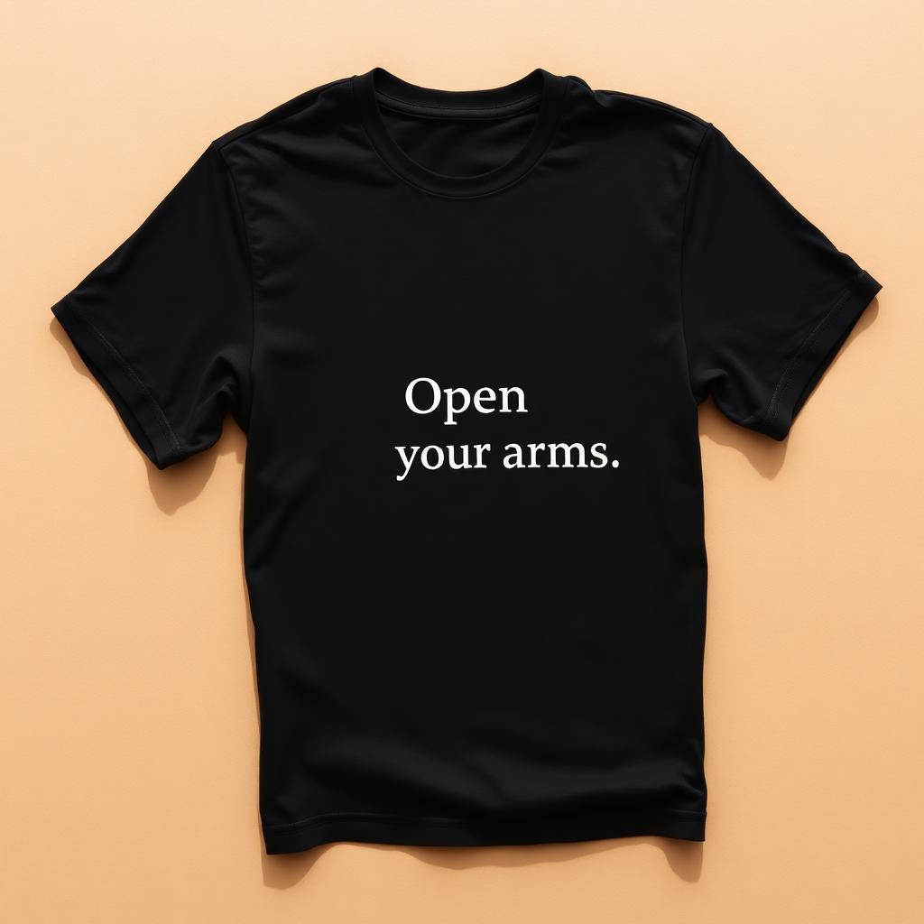 Black t-shirt with white serif text reading Open Your Arms